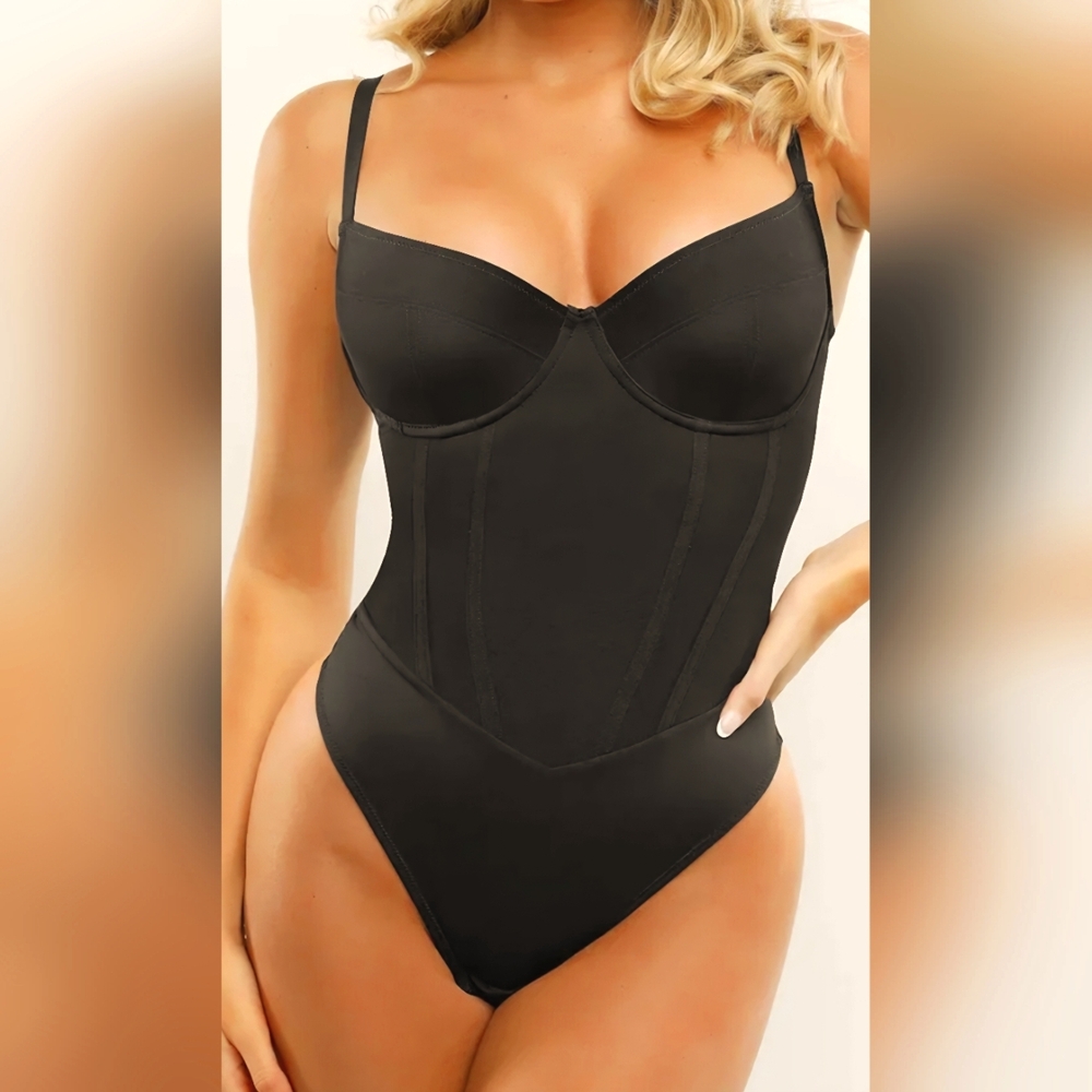 Popilush Black Shapewear Bodysuit with Sweetheart Neckline Corset Look